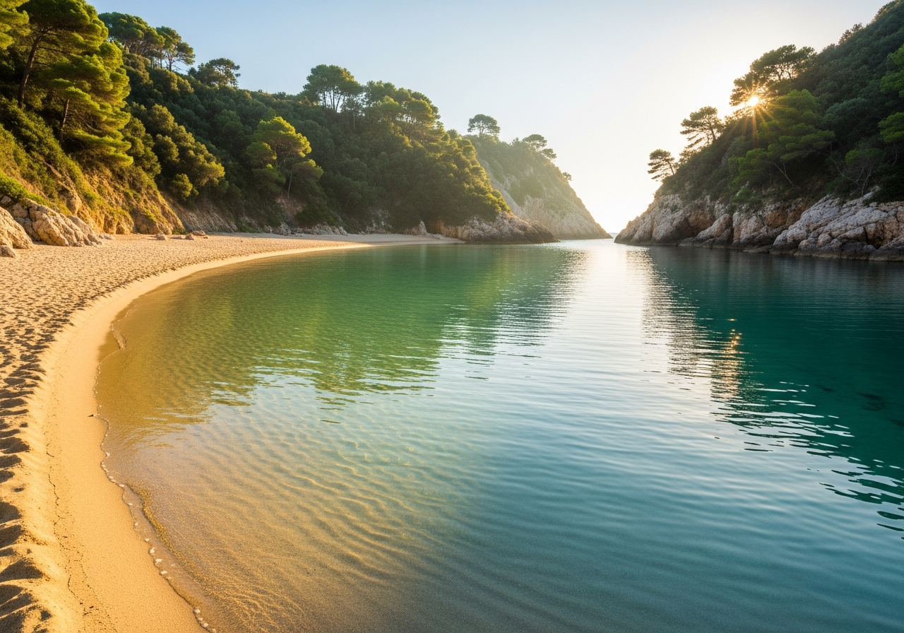 A calm, sheltered sea cove with clear turquoise water and golden sand