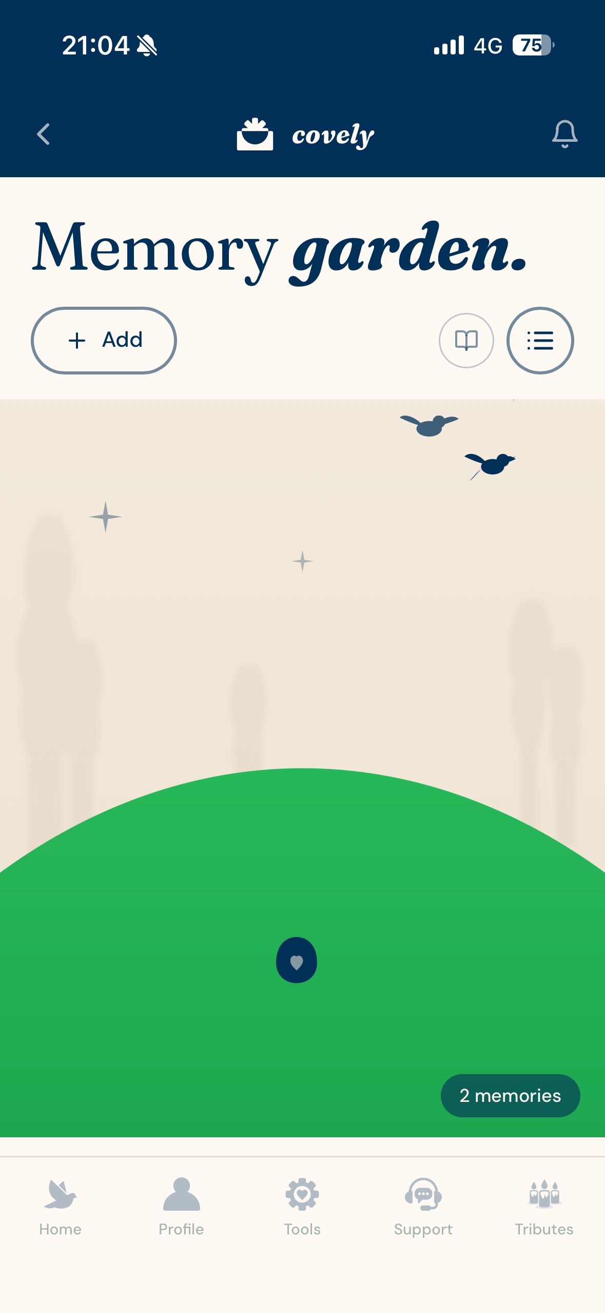 Covely Support Memory Garden displayed on a phone