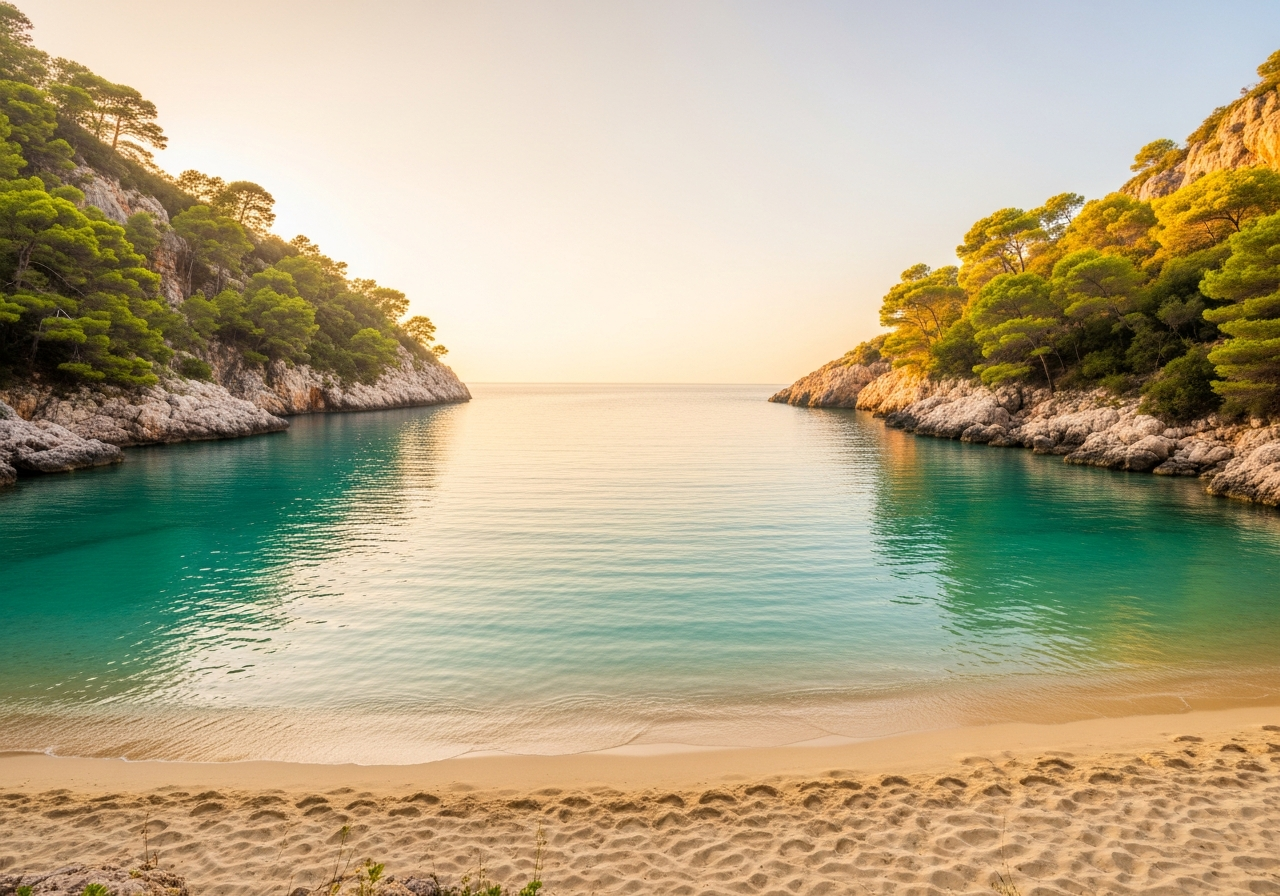 A calm, sheltered sea cove with clear turquoise water and golden sand